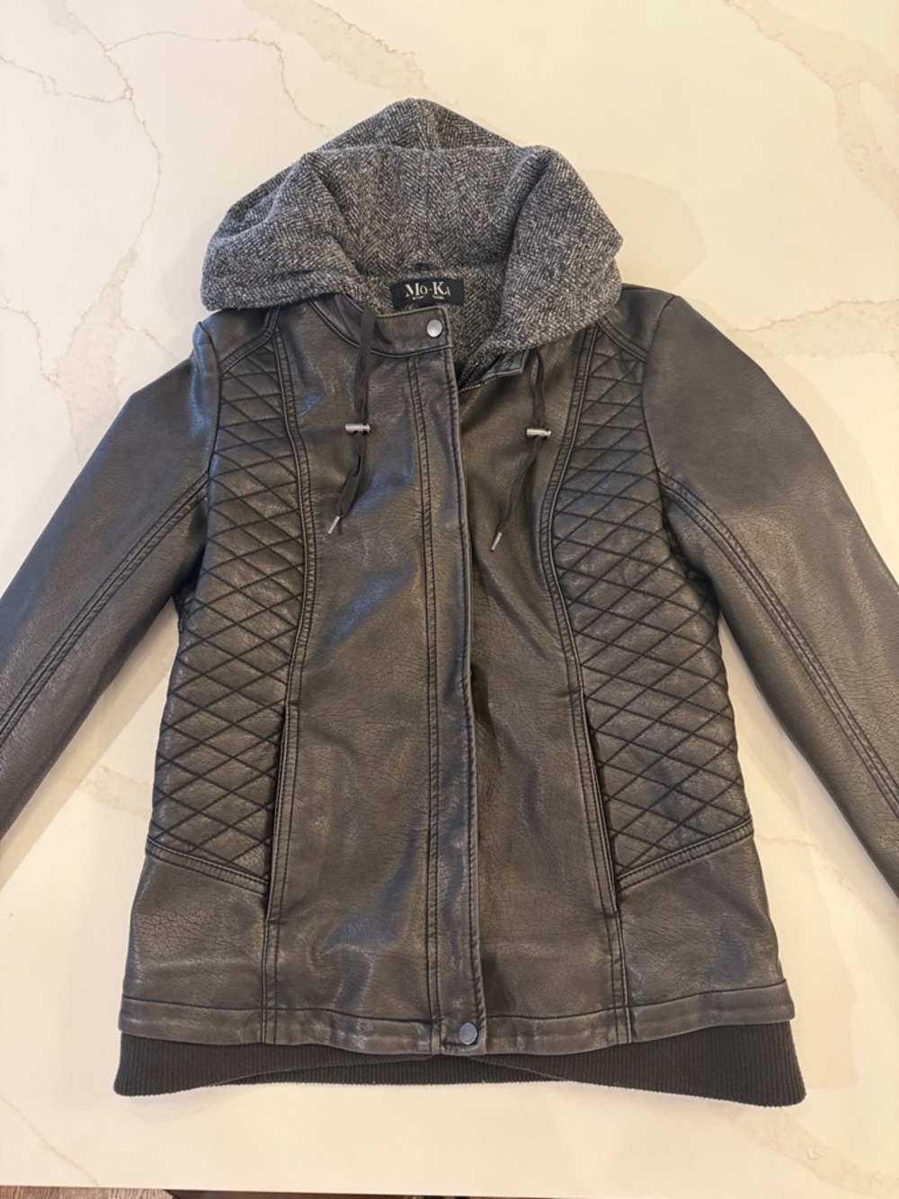 Mo-Ka Quilted Faux Leather Hooded Jacket - Gray